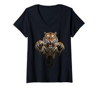 Femme Graphique Chat Sauvage féroce sautant Tigre T-Shirt avec Col en V