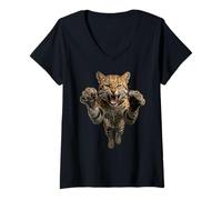 Femme Graphique Chat Sauvage Ocelot sautant féroce T-Shirt avec Col en V