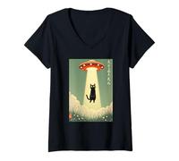Femme Graphique d'abduction d'OVNI de Chat, Japonais Vintage T-Shirt avec Col en V