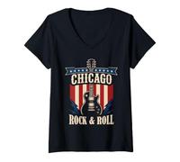 Femme Graphique de Chicago Rock and Roll Music City T-Shirt avec Col en V