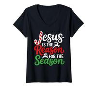 Femme Graphique de Citation Jesus is The Reason Faith pour la Saison chrétienne T-Shirt avec Col en V
