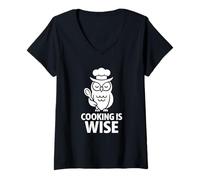 Femme Graphique de Cuisine Amusant et Sage Hibou Cuisinier T-Shirt avec Col en V