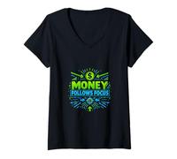 Femme Graphique de Motivation « Money Follows Focus Success Mindset » T-Shirt avec Col en V