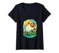 Femme Graphique de mouton mignon et heureux - Agneau moelleux dans Sunny Meadow T-Shirt avec Col en V