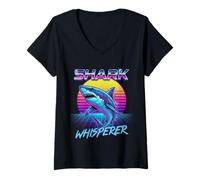 Femme Graphique de prédateur Aquatique Synthwave Shark Whisperer Retro des années 80 T-Shirt avec Col en V