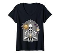 Femme Graphique de Tarot Squelette Soleil céleste Phases de Lune T-Shirt avec Col en V