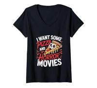 Femme Graphique des Amateurs de Pizza et de Films d'horreur T-Shirt avec Col en V