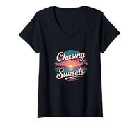 Femme Graphique d'été The Chasing Sunsets T-Shirt avec Col en V