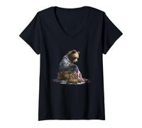 Femme Graphique d'ours tragique pour Solider et Symbolique T-Shirt avec Col en V