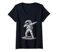 Femme Graphique drôle d'astronaute Dabbing on The Moon Dab Dance T-Shirt avec Col en V
