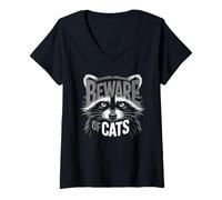 Femme Graphique drôle de Raton Laveur Beware of Cats T-Shirt avec Col en V