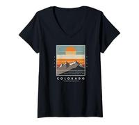 Femme Graphique du Coucher de Soleil sur Le Mont Colorado T-Shirt avec Col en V