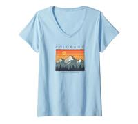 Femme Graphique du Coucher de Soleil sur Le Mont Colorado T-Shirt avec Col en V