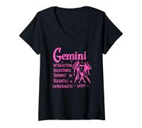 Femme Graphique du Signe Astrologique Rose des Jumeaux Gémeaux T-Shirt avec Col en V