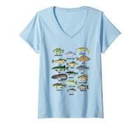 Femme Graphique éducatif d'identification des Poissons d'eau Douce T-Shirt avec Col en V