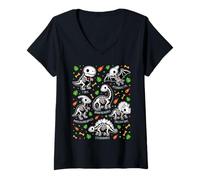 Femme Graphique fossile Effrayant d'halloween Squelette Dinosaure Kawaii T-Shirt avec Col en V