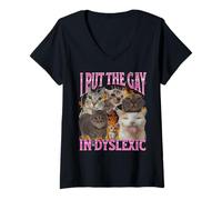 Femme Graphique humoristique avec inscription « I Put The Gay In Dyslexic » T-Shirt avec Col en V