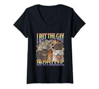 Femme Graphique « I Put The Gay in Dyslexic LGBT Cat Meme Bootleg » T-Shirt avec Col en V