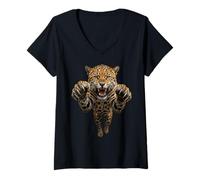Femme Graphique Jaguar Big Cat sautant féroce T-Shirt avec Col en V