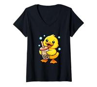 Femme Graphique Mascotte de Canard Bubble Tea T-Shirt avec Col en V