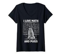 Femme Graphique mathématique Amusant avec Inscription « I Love Math and Pugs » T-Shirt avec Col en V