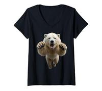 Femme Graphique Ours Polaire bondissant féroce Animal Sauvage T-Shirt avec Col en V