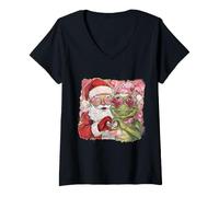 Femme Graphique Père Noël et Alligator Cœur Mains Vacances de Noël T-Shirt avec Col en V