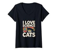 Femme Graphique rétro « I Love Science and Cats » T-Shirt avec Col en V
