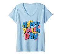 Femme Graphique Soleil Happy Youth Day T-Shirt avec Col en V