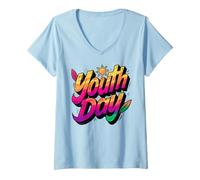 Femme Graphique Soleil Happy Youth Day T-Shirt avec Col en V