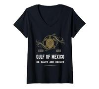 Femme Graphique Tortue du Golfe du Mexique Be Salty and Resist T-Shirt avec Col en V