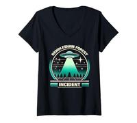 Femme Graphique UAP rétro d'observation d'ovnis sur l'incident de la forêt de Rendlesham T-Shirt avec Col en V
