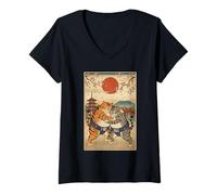 Femme Graphique Ukiyo-e Amusant de Lutte de Chat Japonais T-Shirt avec Col en V
