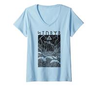 Femme Graphique Viking Warrior Ship Storm Old Norse Mythology Runes T-Shirt avec Col en V