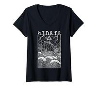 Femme Graphique Viking Warrior Ship Storm Old Norse Mythology Runes T-Shirt avec Col en V