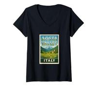 Femme Graphique Vintage Souvenir de Voyage Vallée d'Aoste Italie T-Shirt avec Col en V