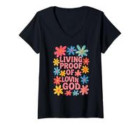 Femme Graphisme chrétien Floral Preuve Vivante de l'amour de Dieu T-Shirt avec Col en V