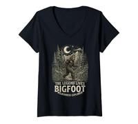 Femme Graphisme de Camping Bigfoot Wilderness Explorer Legend Forest T-Shirt avec Col en V