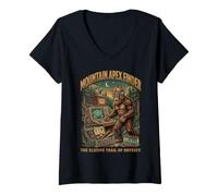 Femme Graphisme de forêt cryptique rétro de Bigfoot Mountain Camping T-Shirt avec Col en V