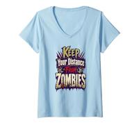 Femme Graphisme d'horreur Amusant Keep Distance from Zombies T-Shirt avec Col en V