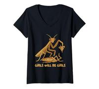 Femme Graphisme Girl Will Be Girls Praying Mantis T-Shirt avec Col en V