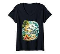 Femme Graphisme Just Waves No Worries Tropical Beach Relax T-Shirt avec Col en V