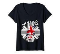 Femme Graphisme Mad as a Hatter Union Jack British GNOME London T-Shirt avec Col en V