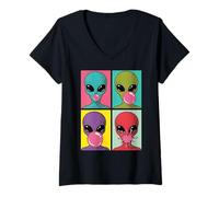 Femme Graphisme Pop Art Alien Blowing Bubble Gum T-Shirt avec Col en V
