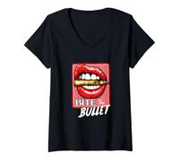 Femme Graphisme Rouge Red Bite The Bullet T-Shirt avec Col en V