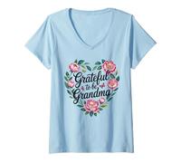 Femme Grateful to Be Grandma Surrounded by Peonies and Leaves T-Shirt avec Col en V