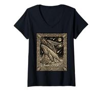 Femme Gravure sur Bois Totem de Baleine céleste à Bosse Cetus Const T-Shirt avec Col en V