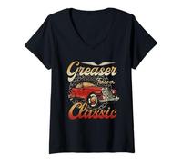 Femme Greaser Forever Classic 1950s Sock Hop Retro années 50 Rockabilly T-Shirt avec Col en V