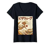Femme Great Pizza Wave Japanese Retro Ukiyo-e Mashup Japan Fuji T-Shirt avec Col en V
