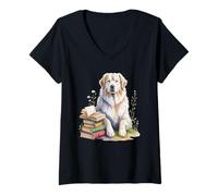 Femme Great Pyrenees Pyrenean Mountain Dog Pyr Book Reading Books T-Shirt avec Col en V
